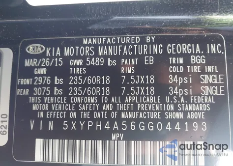 2016 Kia Sorento Ex z USA, uszkodzony, nr VIN 5XYPH4A56GG044193